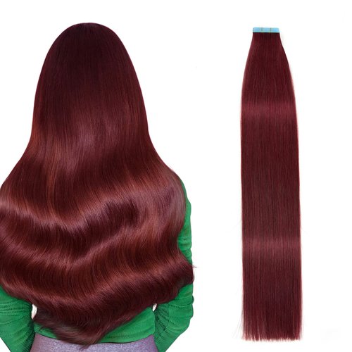AGMITY Tape in Hair Extensions 100% Remy Human Hair 99j 18 inches 20pcs 50Gram Straight Seamless Skin Weft Wine Red Tape in Extensions Real Human Hair(18 inches #Burgundy)