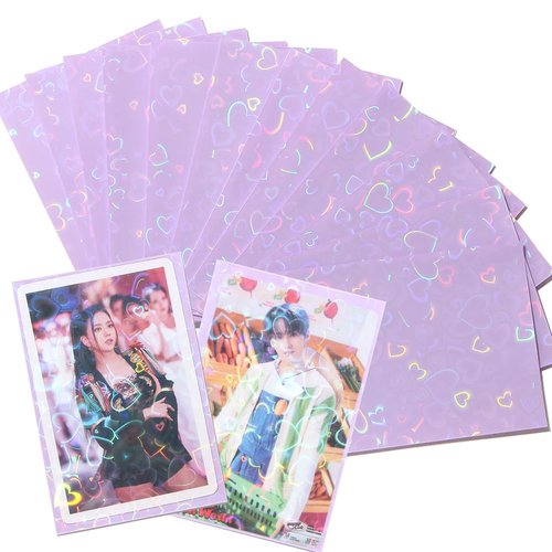 50pcs Laser Flashing Heart Kpop Photocard Sleeves 61x91mm Holographic Clear Card Sleeves Purple Card Protector Transparent Trading Card Sleeve Perfect Fit Sleeves Baseball Cards Photocard Photo