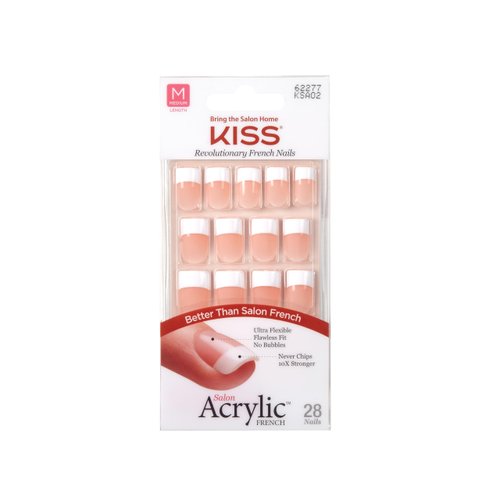 KISS Salon Acrylic Press On Nails, Nail glue included, 'Sugar Rush', French, Medium Size, Square Shape, Includes 28 Nails, 2g Glue, 1 Manicure Stick, 1 Mini File
