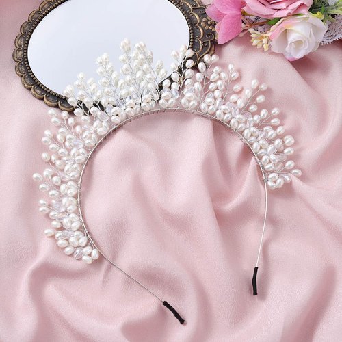 Formery Pearls Halo Crown Headpiece Silver Crystal Goddess Costume Tiara Headband Wedding Festival Photo-shoot Handmade Pearl Bridal Hair Accessories for Women and Girls