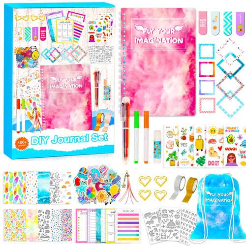 DIY Journal Set for Girls Ages 8 9 10 11 12 13 14 Year Old, Cool Birthday Gifts for Teen Girls, Cute Journaling Art Crafts for Kids, Personalized Diary Scrapbook Supplies Kit, Ideal Girls Toys Pink