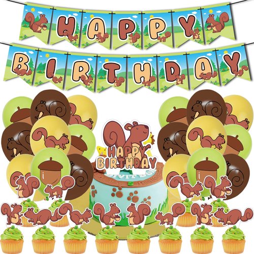Squirrel Birthday Party Supplies Woodland Animals Party Decorations Include HAPPY BIRTHDAY Banner Balloons Cake Topper Cupcake Toppers Cartoon Zoo Animals Birthday Party Decorations