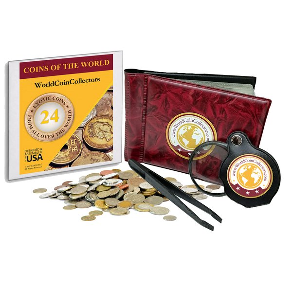 Zaioo World Coin Collectors Starter Kit ♥ 24 Coins from All Over The World + Coin Album + Magnifying Lens + Coin Tweezers Coins of The World Bundle