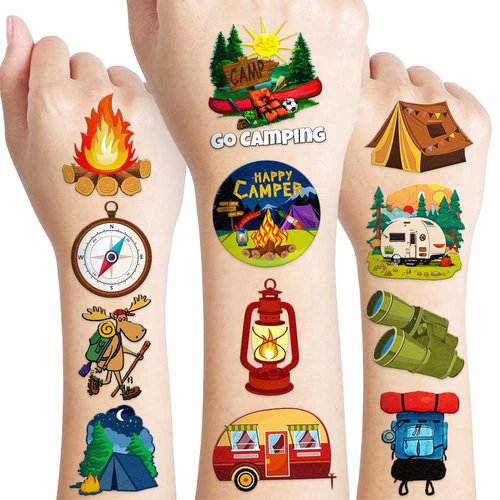 107 PCS Fire Camp Camping Temporary Tattoos Sticker Camping Birthday Party Decorations Favors Supplies Decor Gifts Boys Girls Baby Shower Cute Fake Tattoo School Prizes Carnival Themed multicolor