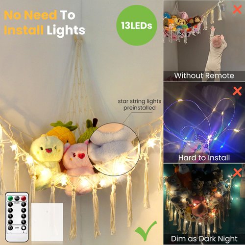 Stuffed Animal Hammock with 13LEDs Star Lights, 47in Toy Storage Macrame Hammock, Hanging Toy Net for Kids Bedroom Doll Room Corner Organizer, Battery Powered Toy Hammock with Remote(Star, L)