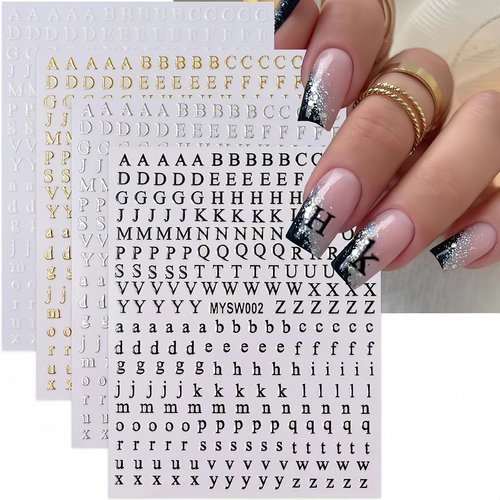 8 Sheets Letter Nail Stickers for Nail Art, 3D Self-Adhesive English Alphabet Nail Decals Black White Gold Silver Big Small Letter Nail Art Design Stickers for DIY Acrylic Nail Art Decorations Charms