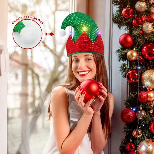 WTTORDE Elf Hat,Christmas LED Hats，Light Up Elf Hat Costume Accessory,Xmas Holiday Party Favors Gifts, Red Green