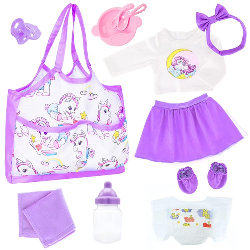 UNICORN ELEMENT Baby Doll Diaper Bag with Clothes and Accessories, Doll Alive Feeding and Caring Set Include Baby Doll DiaperBag,Pacifier,Towel,Bottle,Diaper,Socks,Skirt,Headband(Not Doll)