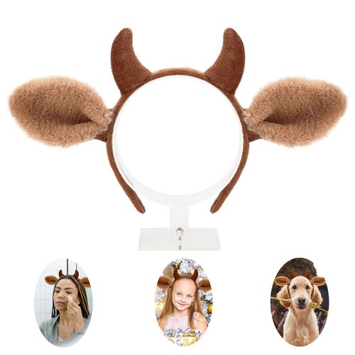 Beviliu Cow Ears Headband - Realistic Animal Cow Horns and Ears Headband Makeup Washing, Furry Fluffy Cow Costume headband for Animal Party Halloween Costume, Brown