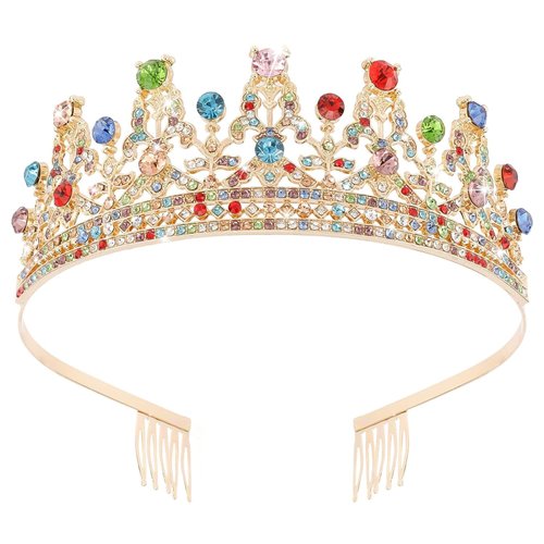 FASOTY Gold Tiara Multicolor Crystal Crown with Combs Elegant Princess Tiaras and Crowns for Women Girls Rhinestone Headband for Bride Bridal Wedding Birthday Party Prom