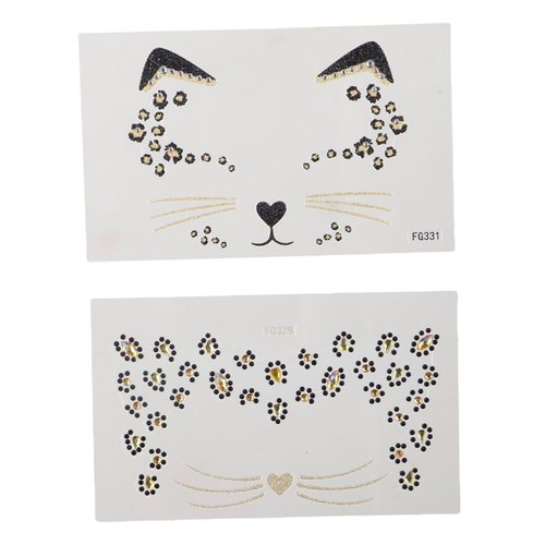 2Pcs Cat Face Tattoo Stickers, Acrylic Diamond Glitter Tattoo Temporary Freckle Face Sticker for Men Women Kids Halloween Prank Makeup Costume