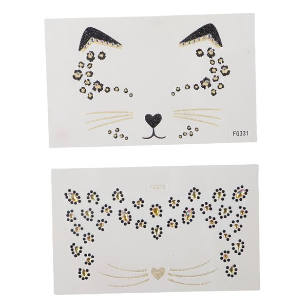 2Pcs Cat Face Tattoo Stickers, Acrylic Diamond Glitter Tattoo Temporary Freckle Face Sticker for Men Women Kids Halloween Prank Makeup Costume