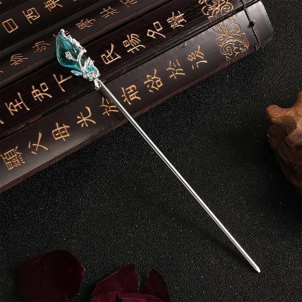 1Pc Silver Blue Chinese Hair Stick Japanese Hairpin Hair Chopsticks,Jade Metal Retro Hair Chopsticks Clips and Barrettes, Vintage for Women Girl Hair Pins