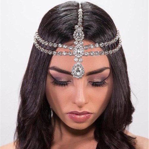 Xerling Silver Rhinestone Teardrop Crystal Layered Head Chain Headpieces Head Jewelry Forehead Pendant Hair Accessories with Bobby Pins for Women Girls (Silver)