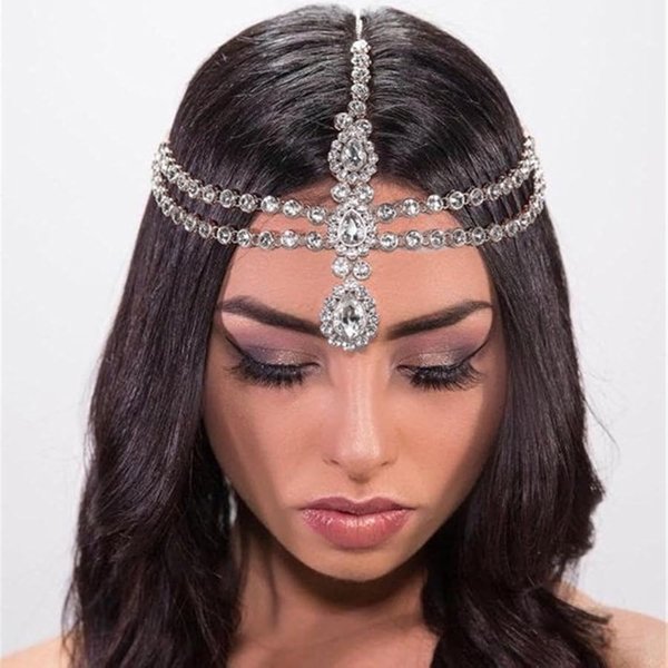Xerling Silver Rhinestone Teardrop Crystal Layered Head Chain Headpieces Head Jewelry Forehead Pendant Hair Accessories with Bobby Pins for Women Girls (Silver)