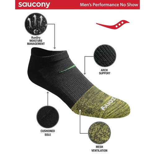 Saucony Men's Multi-Pack Mesh Ventilating Comfort Fit Performance No-Show Socks, Fashion Tipped Black (6 Pairs), 8-12