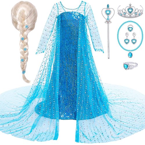 G.C Girls Elsa Dress Costume Princess Dress Up Clothes with Long Cape Kids Toddler Wig Crown Wand Jewelry Necklace Accessories Halloween Cosplay Birthday Party Supplies