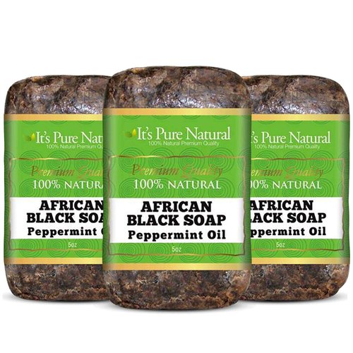 It's Pure Natural African Black Soap Bars with Peppermint Oil (Pack of 3) Organic Raw Soap for Face & Body, Acne Treatment & Dark Spot Remover [Made in Ghana]