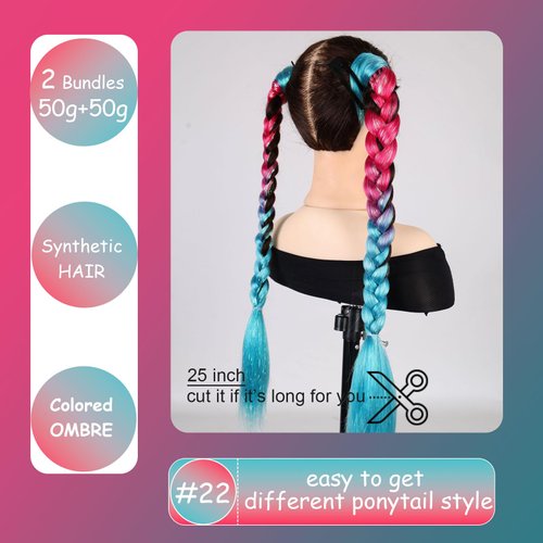 Kids Ponytail Extension With Hair Tie, Red Teal Mermaid Ponytail Extension, Crazy Hair Day, Colored Hair Extensions for Kids, Festival Hair, Rave Hair, Ombre Ponytail 2 Packs 25 inch