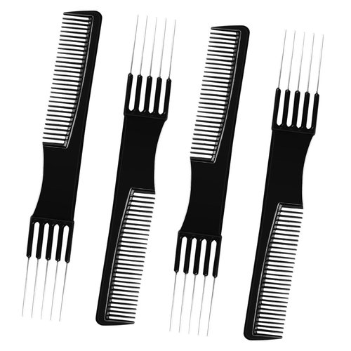 4 Pcs Black Carbon Lift Teasing Combs with 5 Metal Needle, Salon Teasing Back Combs, Comb with Metal Pick, Metal Rat Tail Pin Styling Comb, Hair Pick Comb for Hair Styling, Hair Salon Back Comb