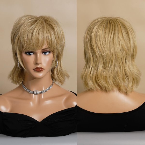 PARK YUN Short Straight Blonde Wigs for Women - 12 inch Synthetic Layered Emo Wig with Bangs, 150% Glueless & Heat Resistant Blond Wig with Blunt Cut Ending for Girls Daily Party Costume