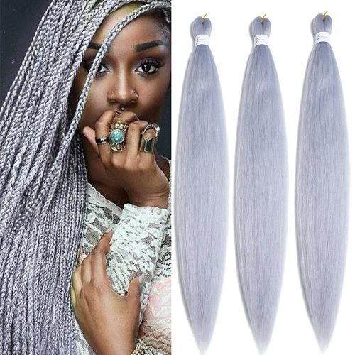 Pre Stretched Braiding Hair 26 Inch Gray Braiding Hair Extensions Hot Water Setting Crochet Box Braids Hair (26 Inch (Pack of 3), Silver Grey)