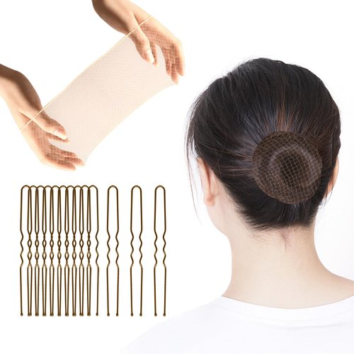 100PCS Hair Nets 22 Inch & 50PCS U-Shaped Hair Pins Set, Hair Net for Bun Elastic Edge Mesh and 50pcs Hair Bun Pins for Ballet Bun, Sleeping, Women and Wig (Linen)