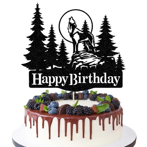 Sleyberoy Wolf Happy Birthday Cake Topper - Timberwolf Glitter Full Moon Cake Topper - Jungle Wild Animal theme Party Decor Supplies (wolf)