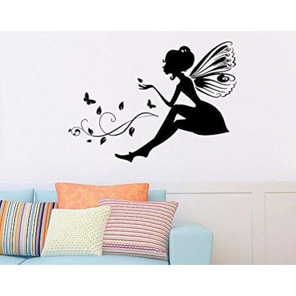 QISHENG DIY Wall Decals Cartoon Cute Wings Girl Fairy Butterflies Home Decor Removable Waterproof Girls Room Decorate Wall Stickers (Black)