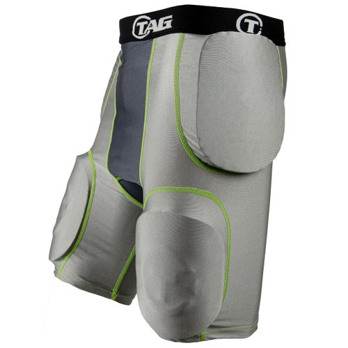 TAG Youth 5-Pad Integrated Girdle - Moisture-Wicking Compression Girdle for Football - Cup Pocket - Sewn-in Hip, Tail, and Thigh Pads - Grey with Black Elastic Waistband - Medium