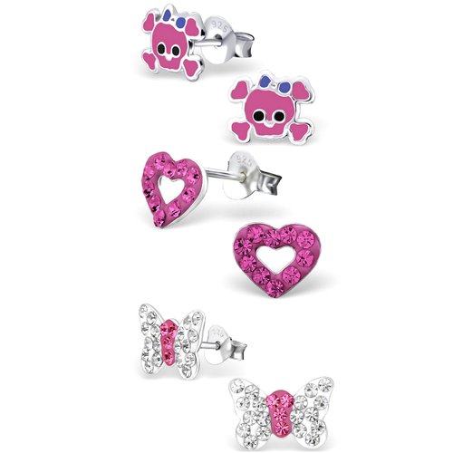 925 Sterling Silver Set of 3 Pairs Pink Skull & Crossbones, Pink Crystal Heart, White Crystal Butterfly Stud Earrings for Girls (Nickel Free) 20509