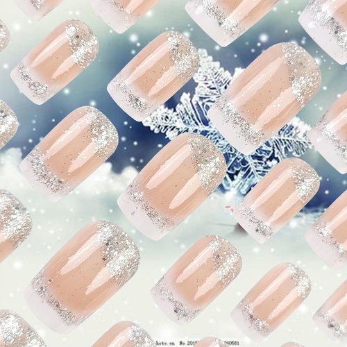 White French Tips Press on Nails 24Pcs Glossy Silver Glitter Acrylic Fake Nails Sparkly False Nails Gel Glue on Nails for Manicure Glitter Stick on Medium Square Nails for Coquette Women Girls