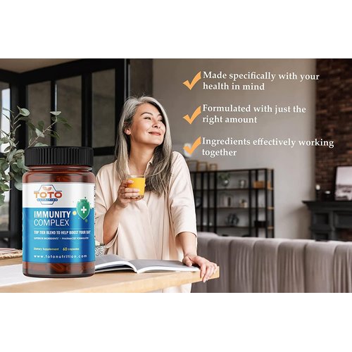 TotoNutrition Immunity Support Booster with Vitamin C, D, Elderberry, Echinacea, Zinc, Quercetin, Curcumin, Ginger, B Vitamins Supplement, Vegan, Gluten Free, No Gelatin
