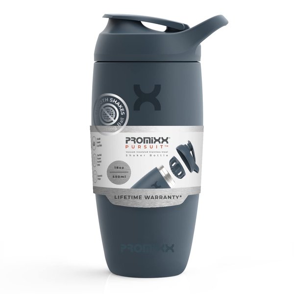 Promixx Pursuit Shaker Bottle Insulated Stainless Steel Water Bottle and Blender Cup, 18oz, Midnight Blue