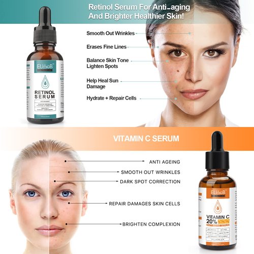 Day-Night Anti Aging Vitamin C Serum Retinol Serum For Face with Retinol & Amino Acids - Boost Skin Collagen,Hydrate & Plump Skin Facial Serum
