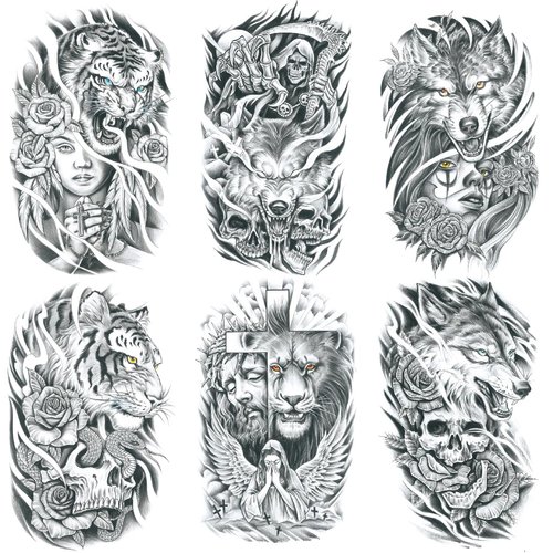 Oottati 6 Sheets Arm Waterproof Temporary Tattoos Lion Tiger Death Cross Jesus Maria Flower Skull Snake Women