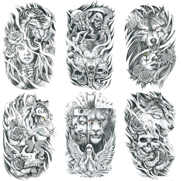 Oottati 6 Sheets Arm Waterproof Temporary Tattoos Lion Tiger Death Cross Jesus Maria Flower Skull Snake Women
