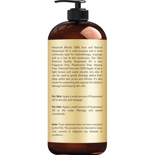 Handcraft Blends Grapeseed Oil - 16 Fl Oz - 100% Pure and Natural - Premium Grade Oil for Skin and Hair - Carrier Oil - Hair and Body Oil - Massage Oil - Cold-Pressed and Hexane-Free