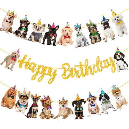 Dog Happy Birthday Banner Decorations Baby Dog Birthday Party Supplies Gold Glitter Puppy Birthda...