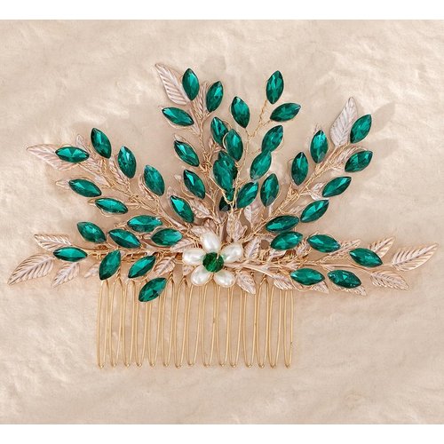Rhinestone Hair Comb with Green Crystals and Pearls for Weddings and Parties