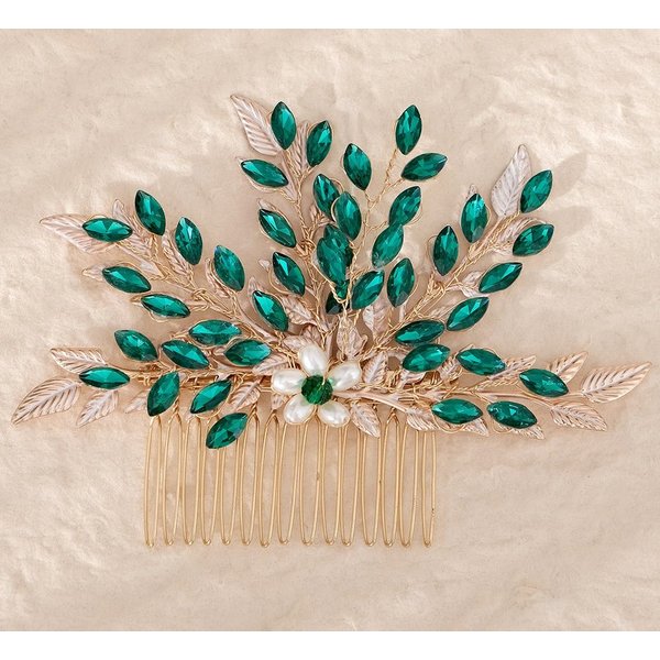 Rhinestone Hair Comb with Green Crystals and Pearls for Weddings and Parties