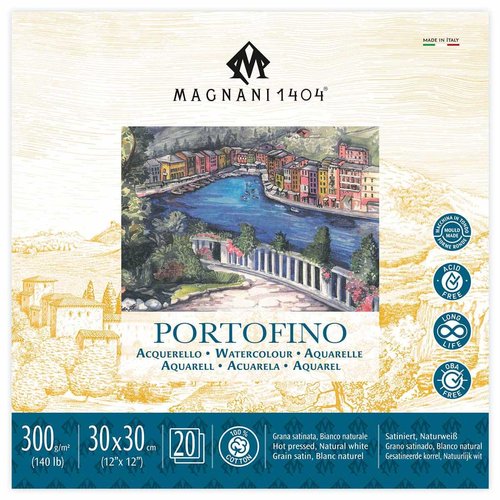 Magnani 1404 Portofino Hot Press 100% Cotton Watercolor Paper Pad, 20 Sheets, 12x12", 140 lb, Acid-Free, UV Resistant, Deckled Edges, Vegan Sized Water Color Paper for Artists, Made in Italy