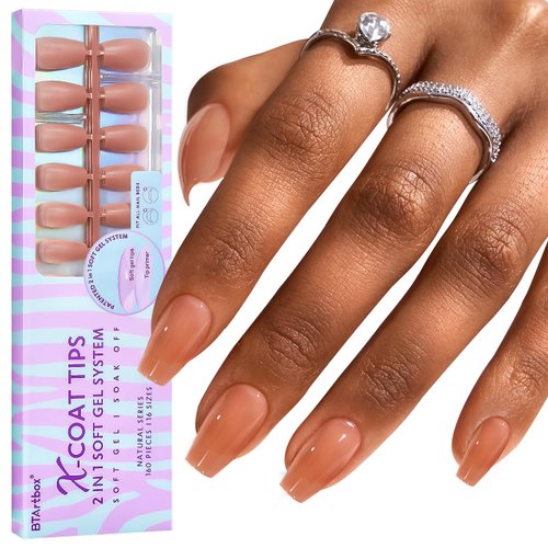 BTArtbox Short Coffin Nail Tips - Soft Gel Nail Tips Strong Adhesion Natural XCOATTIPS with Tip Primer Cover, Fake Nails Press On Nails Short Extensions Kit for Nail Art DIY