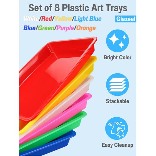8 Pack Plastic Art Trays 10.9'' x 8.3'' x 1.2'', 8 Colors Activity Crafts Tray Serving Tray Organizer Tray for Kids School Classroom DIY Projects, Painting, Jewelry, Beads, Home Organizing Supply