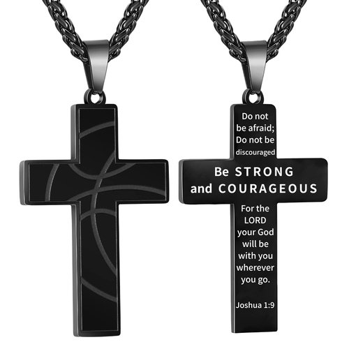 GLITTO Basketball Cross Necklace for Teen Teenage Boys, Stainless Steel Cross Pendant Chain Religious Christian Baptism First Communion Reconciliation Confirmation Jewelry Gifts Graduation for Him Son Men Age Joshua 1:9 (Black)