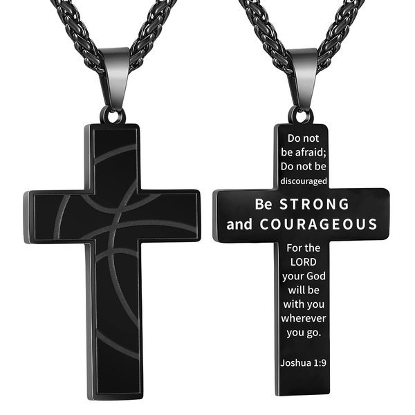 GLITTO Basketball Cross Necklace for Teen Teenage Boys, Stainless Steel Cross Pendant Chain Religious Christian Baptism First Communion Reconciliation Confirmation Jewelry Gifts Graduation for Him Son Men Age Joshua 1:9 (Black)