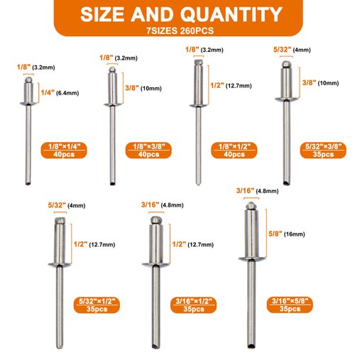 ISPINNER 260pcs Stainless Steel Blind Rivets, 7 Sizes Pop Rivets Assortment Kit