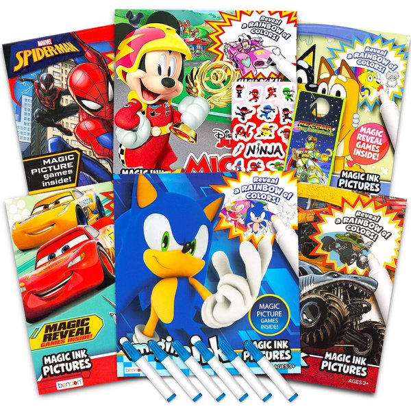 Bulk Imagine Ink Coloring Book Set for Boys - Bundle with 6 No Mess Coloring Books, Rex-Man Stickers and Door Hanger Featuring Bluey, Sonic the Hedgehog, Monster Jam, Mickey Mouse, Spidey, Cars