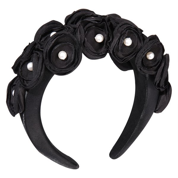 Flower Padded Headband for Women Pearl Embellished Petal Flower Headbands Statement Floral Velvet Wide Hair Band Hair Accessories for Girls Sister Wedding Bridal Parties (Black)