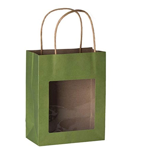 Hammont Paper Bags with Handle – 10 Pack Transparent Gift Bags - Green Gift Bags Medium Size – Kraft Bags with Window - Colorful Craft Bags Party Favor Gift Bags for Kids - 7.75"x 6.25"x 3"